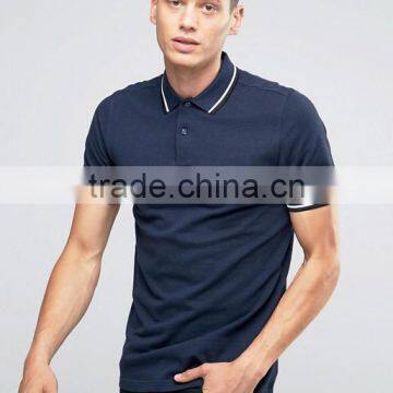 Short Sleeve Ribbed Collar and Sleeve Twin Tip Side Slits Navy Men's 100% Cotton Breathable Pique 200g Blank Casual Polo T-Shirt