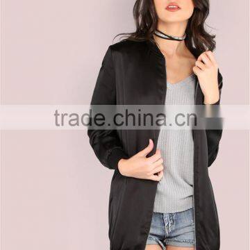 Custom Embroidered Women Longline Satin Bomber Jacket Black Oversized Zip Up Coat With Sides Pockets photo-4