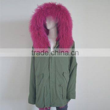 Myfur Genuine Dyed Mongolian Lamb Fur Hooded Parka With Sheep Fur Lining Green Cotton Parka photo-2