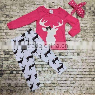 new hot design hot pink reindeer top Christmas -mas suit kids baby reindeer print pants boutique girls clothes sets