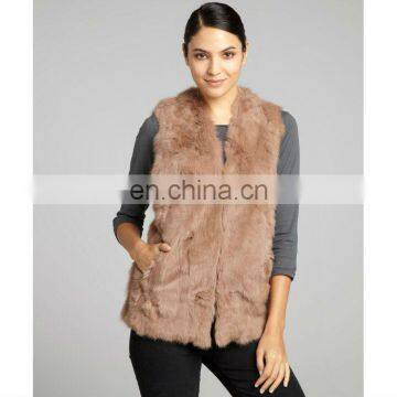 taupe rabbit fur v-neck vest /quality supplier+OEM+ODM