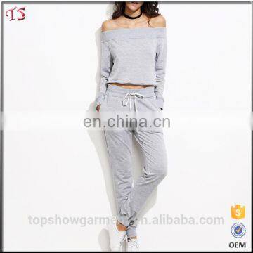 Sexy women grey off the shoulder top with drawstring pants jogging suits wholesale