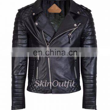 MEN'S GENUINE LAMBSKIN STYLISH MOTORCYCLE BIKER LEATHER JACKET BLACK