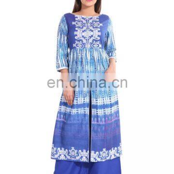 Designer Long Dress Cotton Flared Front Open Slit Boat Neck Blue Color 3/4 Sleeve For Women Manufacturer of Kurti India