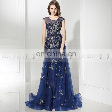 2017 Latest Design Cap Sleeve Royal Blue Tulle Embroidered Evening Dresses LX382