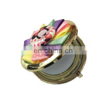 High Quality Gold Cosmetic Mirror with handmade ribbon,button, Factory Direct Wholesale Pocket Mirror For Promotion