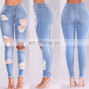 New Foreign trade export European and American women's slim and slim jeans fashion and fashion hole-broken jeans feet trousers