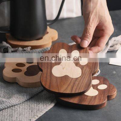 Custo Natural Cute Cat's Claw Shape Wooden Cup Coaster Wood Teapot Mat photo-3