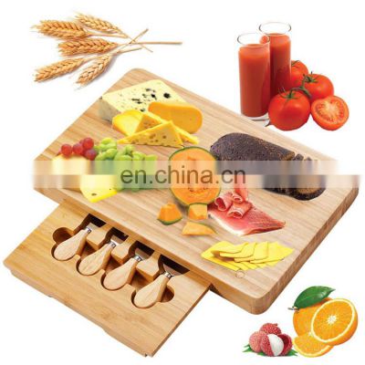 Wholesale 100% Biodegradable Natural Large Tray Bamboo Cheese Board With Knives Slide Out Drawer