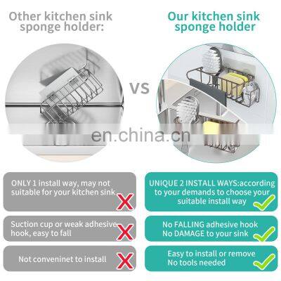 High Quality Metal Wire Punch-Free Kitchen Bathroom Accessories Organizer Self Adhesive Drain Sink Drying Rack Sponges Holder photo-4