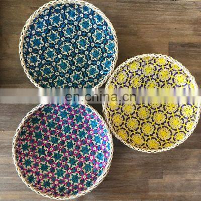 Hot Sale Round Natural Hand woven multicolored bamboo trays Straw serving tray, Woven Tray Cheap Wholesale