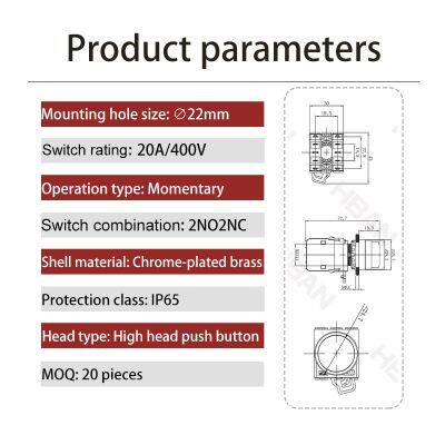Ip65 22mm High Head Chrome Plated Brass 1no 1nc 20a Start Stop Push Button Self Recovery photo-2