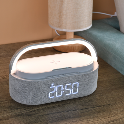 Best Seller Wireless Charger Charging With Bluetooth Speaker & Night Light Alarm Clock With Phone Holder photo-4