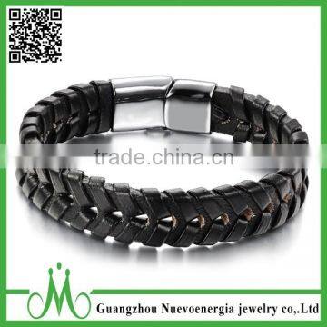 Latest Men's Jewelry Silver Stainless Steel Bangle Black Braided Leather Bracelet