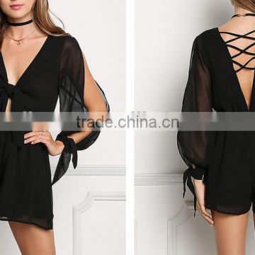 Latest Black Chiffon Romper Plunge X Strap Romper And Jumpstuis for Women 2016 HSJ5333