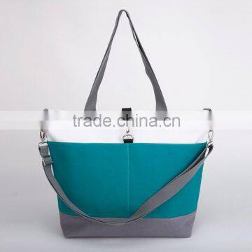 HD0997-1 Reshine 12oz Washable Canvas Shoulder Bag Teal and Gray Color Block Diaper Tote Bag