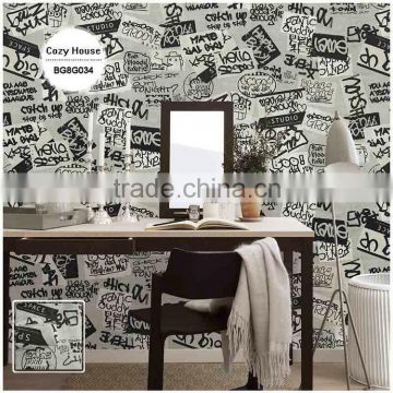 cheapest printed vinyl coated wallpaper, black modern graffiti wall cover for entertainment , washable wall sticker contractor                        
                                                Quality Choice