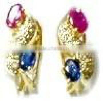 Gold Ear Rings With Diamond , Ruby & Blue Sapphire