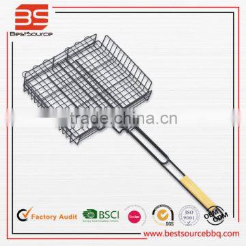 Nonstick Fish Grilling Basket Folding for Roast BBQ Barbecue with Wood Handle