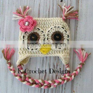 Crochet owl hat-baby girl owl hat-flower-creamy natural pink and brown