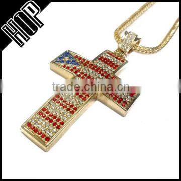 18k Gold Plated Iced Out Puerto Rico Flag Cross Necklace