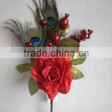 Christmas indoor decorations artificial velvet glitter rose flowers christmas pick with peacock feather