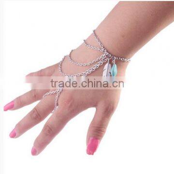 Fashion Women Retro Chic Finger ring Connected Multi Chain Feather Tassels Bracelet