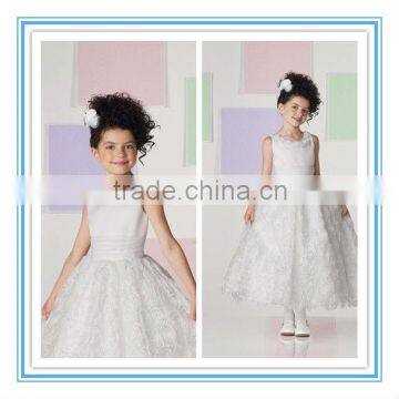 Sleeveless Satin Organza Rosettes Ribbon White Flower Girl Dresses(FLMO-3061)