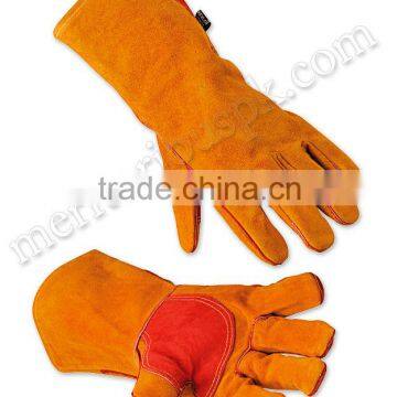 Yellow Red Safety Cow Split Leather Welding Gloves