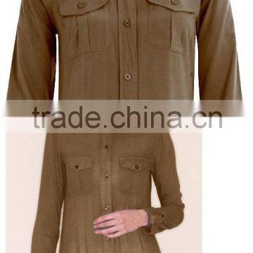 Brown shirt collar Abaya with box pleats in eco friendly bamboo