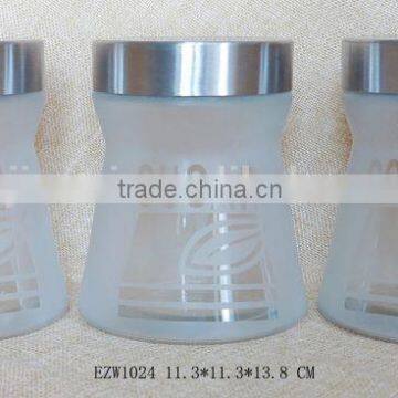 High quality round shape tea, sugar and coffee storage glass jars with metal lids for sale