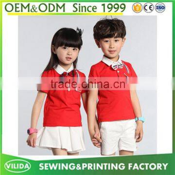 High quality summer primary school uniform red polo shirt with white skirt or shorts customized