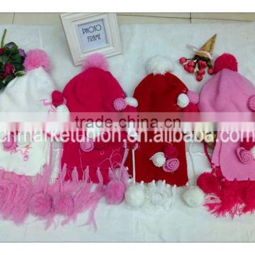 girls hand make flower hat and scarf set , and acrylic hat with embroidered tassels scraf