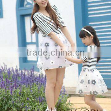 fashionable white and black stripe slim lace parent-child frock dress Mother and Daughter dress design