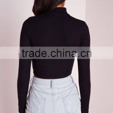 2016 Custom Ladies High Neck Long Sleeve Black Ribbed Crop Top photo-5