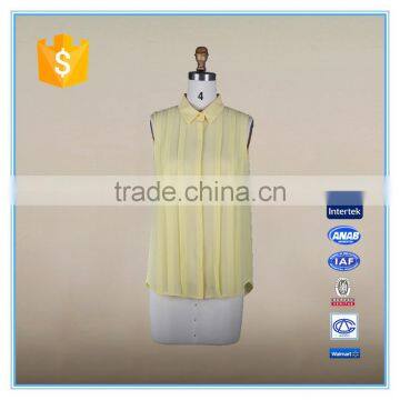 Fashion Ladies Fancy Sleeveless Tops Chiffon Yellow Shirt Pleated Design