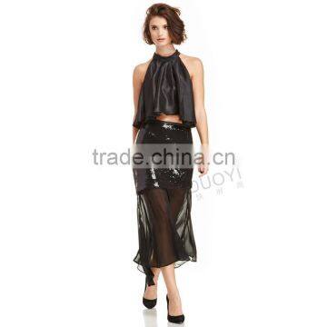 MGOO New Arrival Custom OEM Women Sequin Transparent Sexy Skirts For Women Two Layers Chiffon Long Skirt 15145A221 photo-4