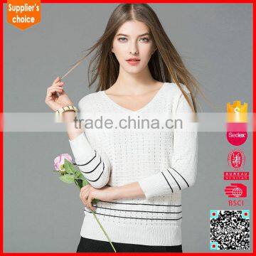 Latest long sleeves woman striped v neck sweater breathable knitwear