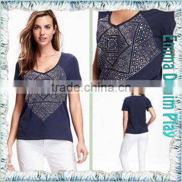 2016 New Designs Wide Open Neck Blue Printing Cotton T Shirts for Sexy Womens photo-5