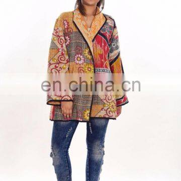 Vintage Cotton Kantha Sari Jacket Reversible Women Coat Wholesaler