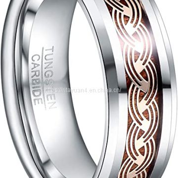 2020 New Arrival T243R NUNCAD Men's 8mm Tungsten Carbide Ring Gold Celtic Knot and Wood Inlay Wedding Band Size 7-12