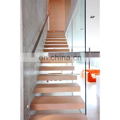 Prefabricated apartment building wood stairs design indoor wood tread floating stairs