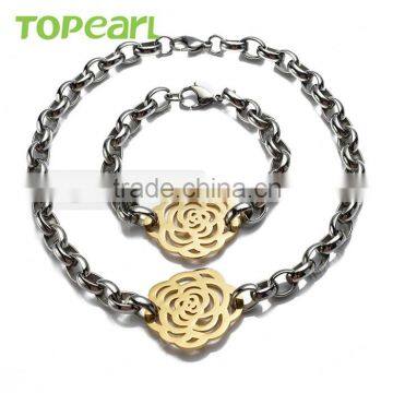 Topearl Jewelry Heavy Stainless Steel Set Necklace Bracelet Oval Cable Link Chain Silver, Flower Rose Gold Set SSJ03