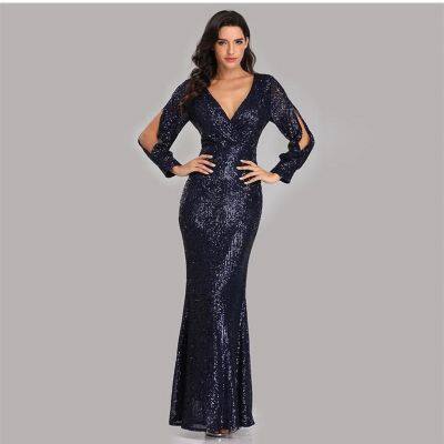 womens sexy long sleeve V neck embroidered shining sequins evening maxi dress