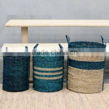 High quality best selling eco-friendly Set of 3 Sea Grass Basket with blue color from Vietnam