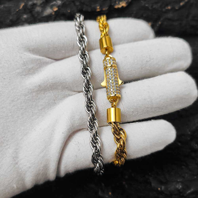New Style 6mm Iced Out Clasp Rope Chain Stainless Steel 18K Gold Plated Twist Rope Chaain Bracelet Jewelry for Women photo-2