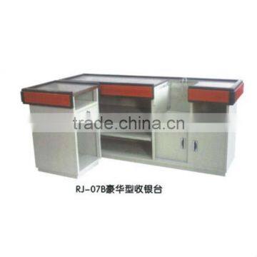 convenience store cashier desk with corner shelf