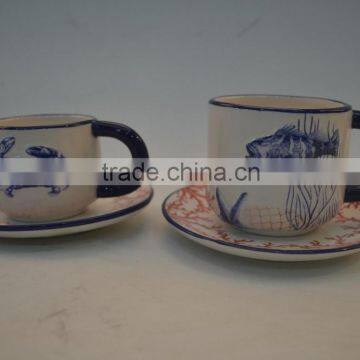 Marine series of embossed 3D ceramic coffee cup and saucer