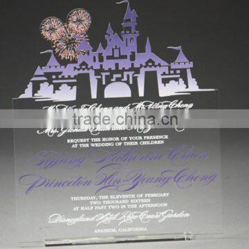 Hot sale elegant & personalized clear acrylic wedding invitations with purple castle shape