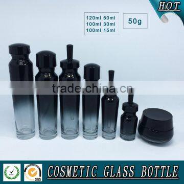 Black colored empty cosmetic packaging glass bottles and jars